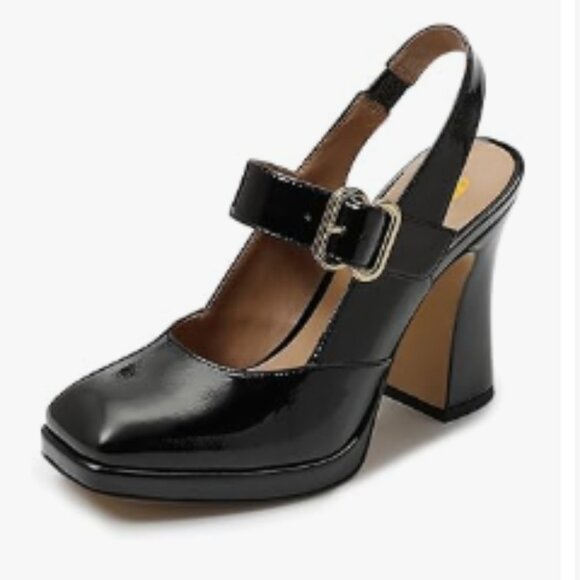 FYS Black Platform Square Toe Pumps Block High Heel Mary Janes Slingback Shoes - Picture 1 of 8